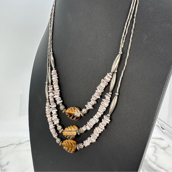 Natural Carved Tigers Eye Necklace Three Strands 925 Sterling Silver Clasp Boho - Picture 6 of 11
